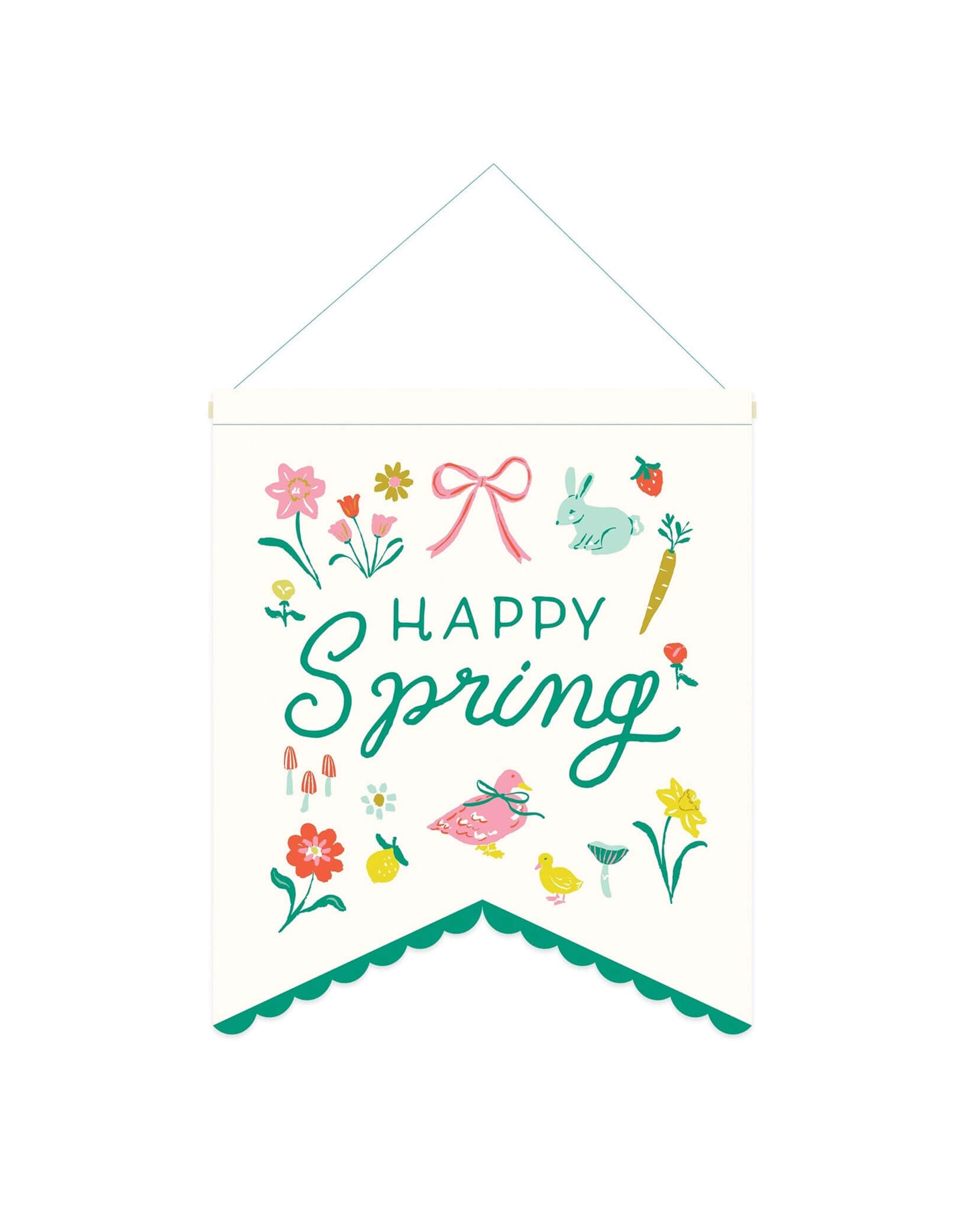 Momo Party's 10.5" x 15" Happy Spring Canvas Banner by My Mind's Eye. Welcome spring with this canvas banner, featuring a playful "happy" message. With spring inspired illustrations like birds, flowers, bunnies, carrots and bows in pastel colors, just hang it in your home or office for a touch of whimsy. Celebrate the season with this festive and fun addition to your decor.