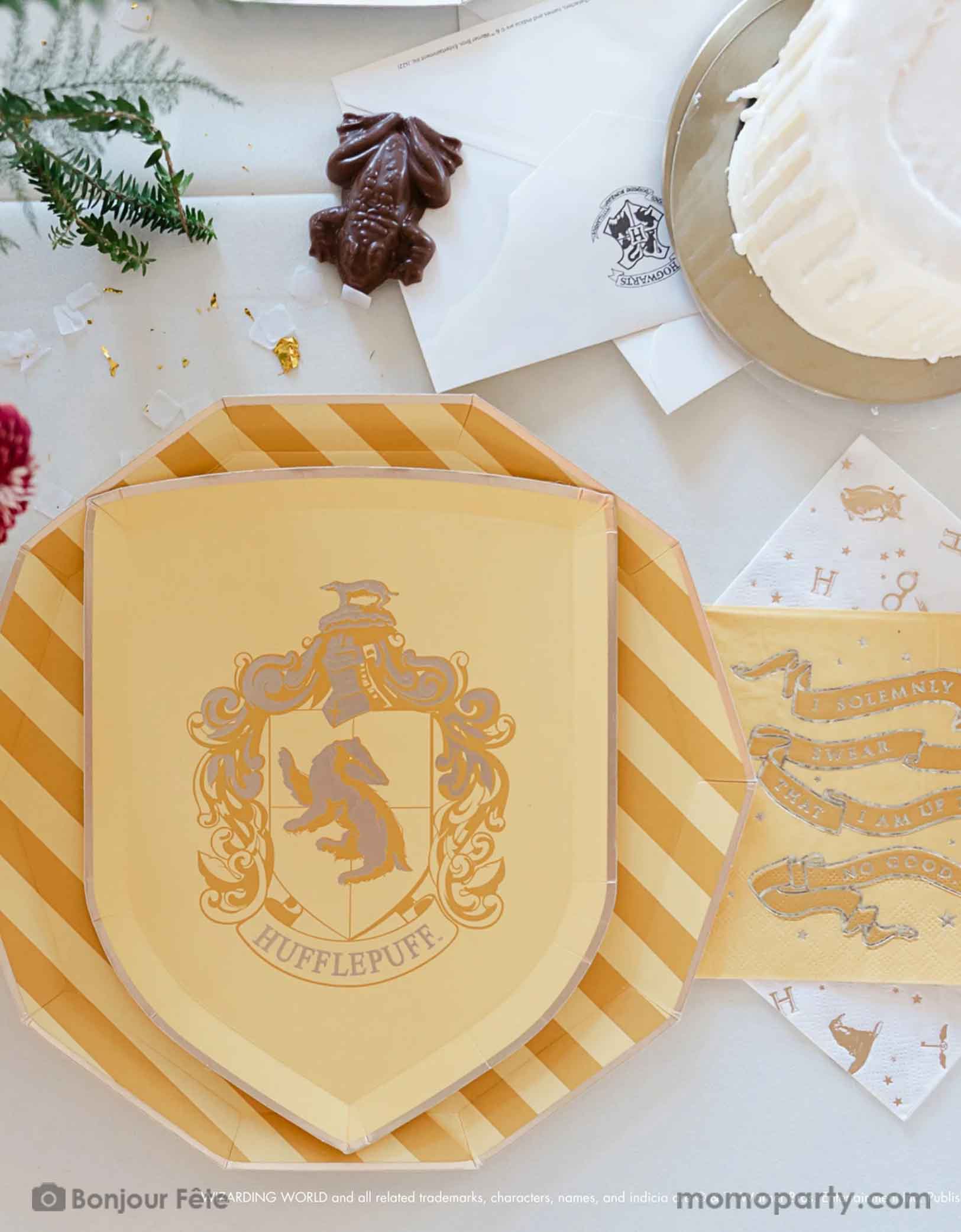 A beautiful and modern Harry Potter themed party tablescape features Momo Party's Harry Potter house pride shield-shaped 7" side plate with Hufflepuff logo and color paired with 10.25 green striped dinner plate. Next to the plates are Harry Potter motif large napkins in gold foil and Slytherin green small napkins. On the table are some letters from Hogwarts, a chocolate frog and a dripping candle birthday cake - making this a great inspo for a modern Harry Potter themed birthday party celebration.