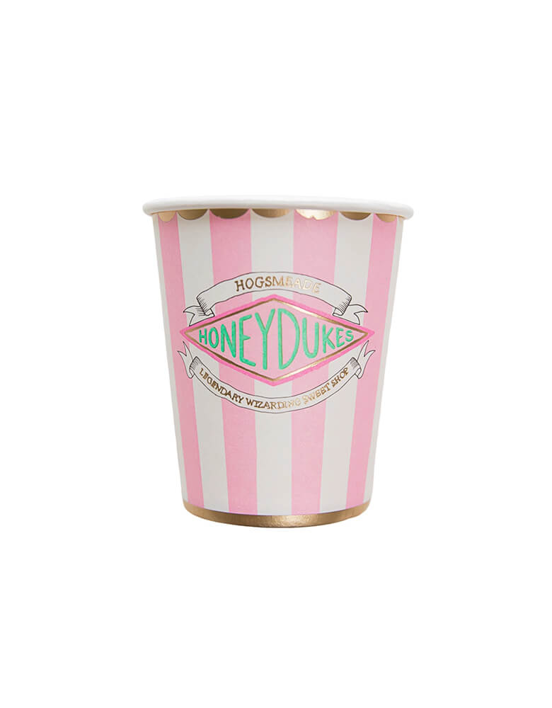 Momo Party's 9 oz Harry Potter Honeydukes Cups by Bonjour Fete. Comes in a set of 8 cups, these pink striped cups with Honeydukes' logo on them are perfect additions to your kid's Harry Potter themed celebration. Get ready for a magical birthday bash with these funky pink stripe cups that will make your little wizard's party pop!