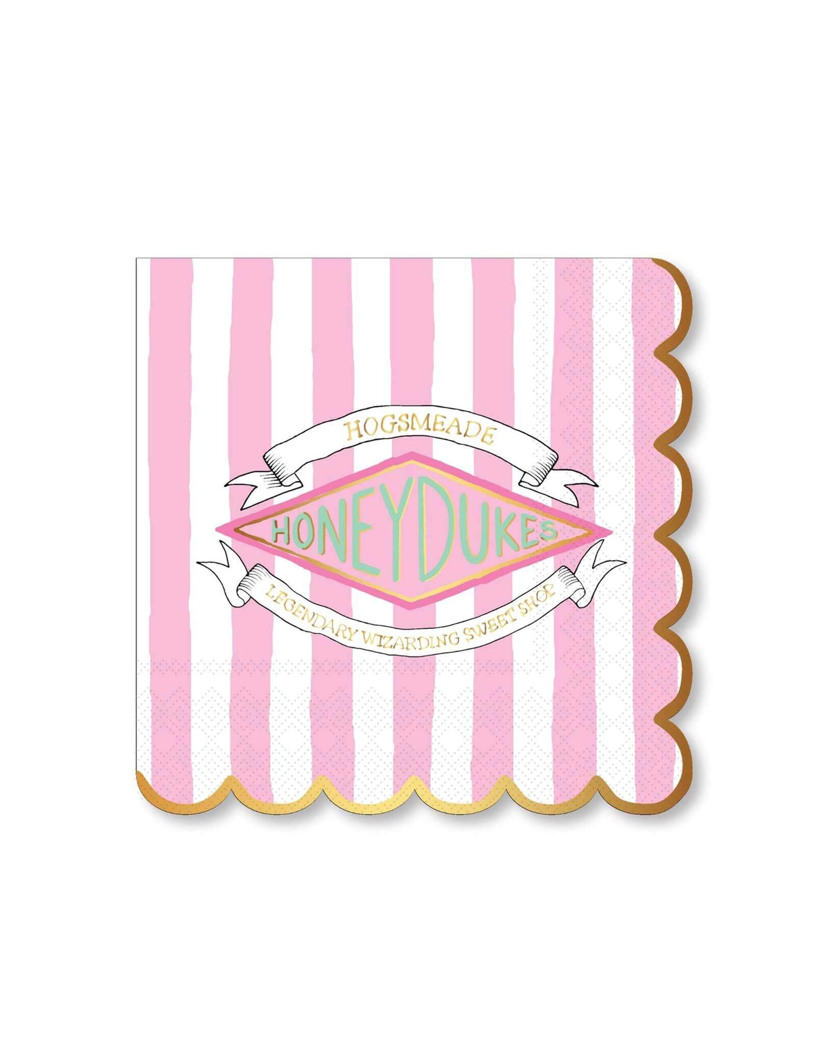 Momo Party's Harry Potter Honeydukes 6.5" Large Pink Stripe Napkins, set of 24. Add a magical touch to any wizard-themed celebration with these whimsical pink napkins featuring the iconic Honeydukes logo. Perfect for Potterheads and muggles alike, this set of 24 napkins is sure to enchant your guests.