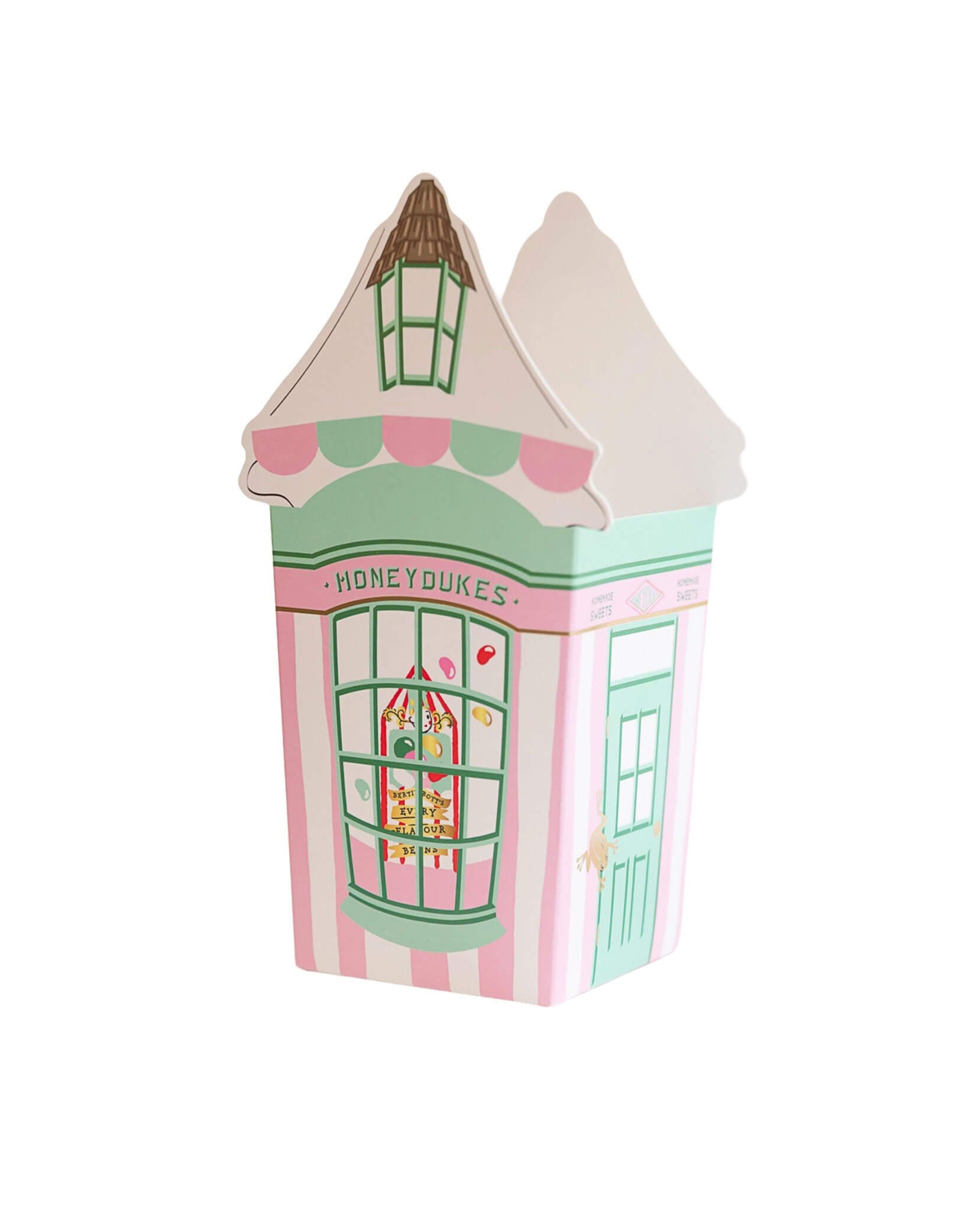 Momo Party's 6.8" x 3.7" Harry Potter Honeydukes Treat Box. Comes in a set of 8, these stunning pink treat boxes, shaped like the iconic facade of the legendary sweet shop, are the perfect choice for party favors. Your guests will be delighted to fill them with a variety of delicious treats, such as popcorn or candies from a sweets bar!