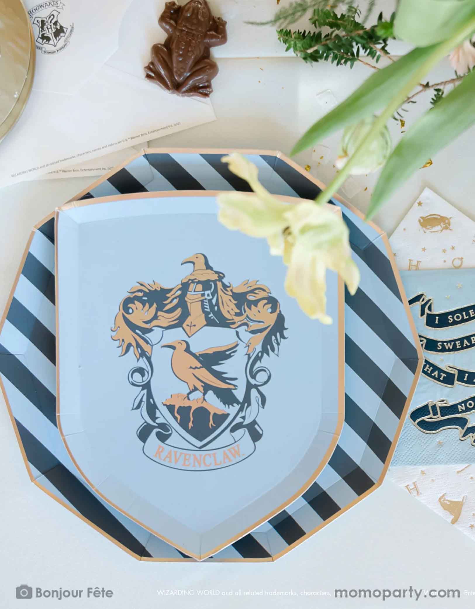 A beautiful and modern Harry Potter themed party tablescape features Momo Party's Harry Potter house pride shield-shaped 7" side plate with Ravenclaw logo and color paired with 10.25 green striped dinner plate. Next to the plates are Harry Potter motif large napkins in gold foil and Slytherin green small napkins. On the table there's a chocolate frog and a letter from Hogwarts and some pretty flower arrangement - making this a great inspo for a modern Harry Potter themed birthday party celebration.