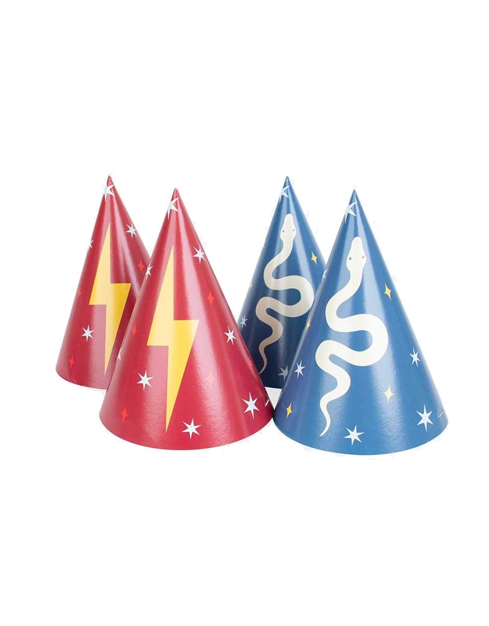 Momo Party's Wizard Party Hats by My Little Day. In the classic wizard colors of red and navy blue with designs of a lightning bolt and snake, this set of 8 wizard hats that is suitable for either a Harry Potter themed birthday or a Halloween celebration.