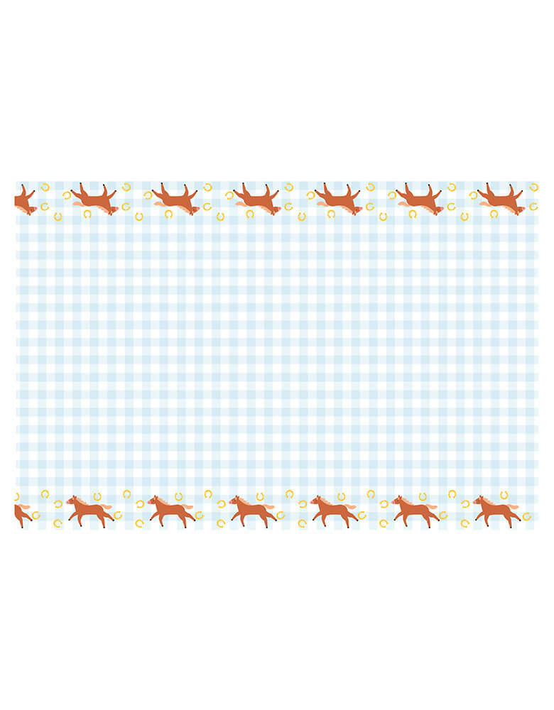 Momo Party's 70" x 47" Horse Gingham Checkered Tablecloth by Party Deco. This light blue gingham checkers and adorable horse design will bring a playful touch to any meal. Perfect for girl's pony or horse themed birthday celebration.