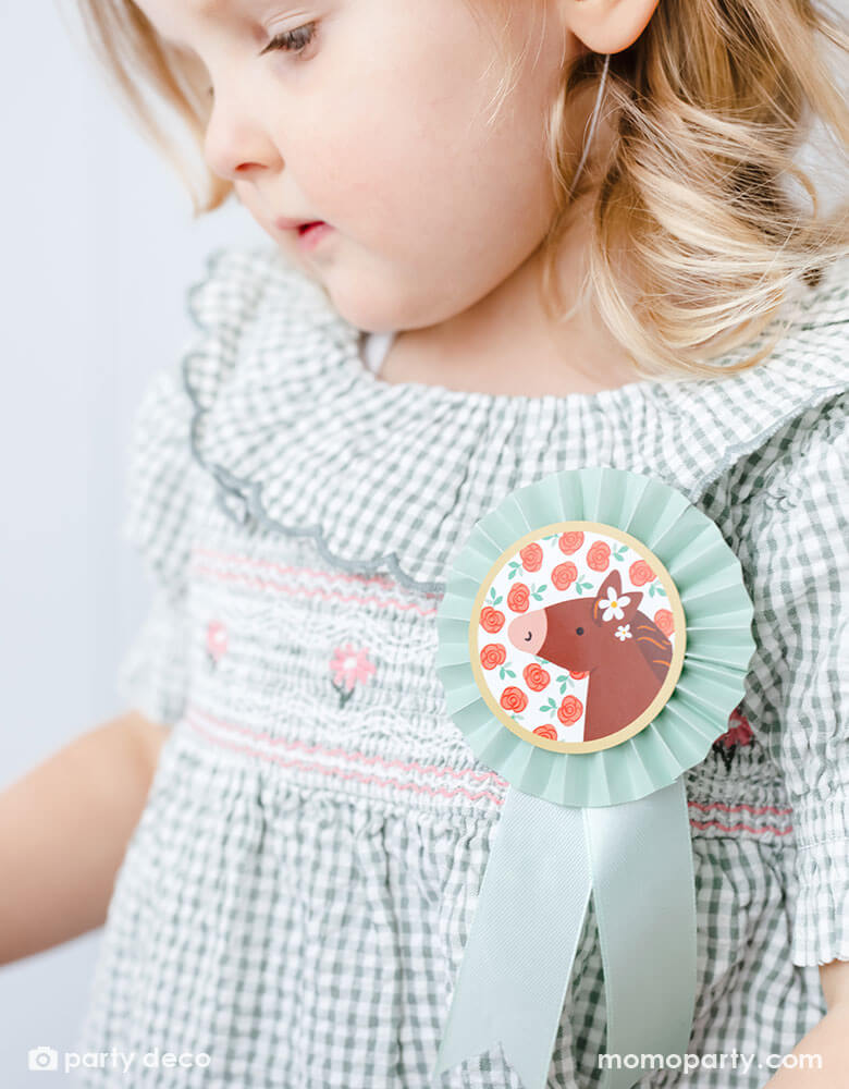 A close up shot of a preschool girl with a birthday party hat in a gingham dress and Momo Party's pastel mint floral horse rosette ribbon on her chest, a perfect decoration for girl's pony or horse themed birthday celebration.