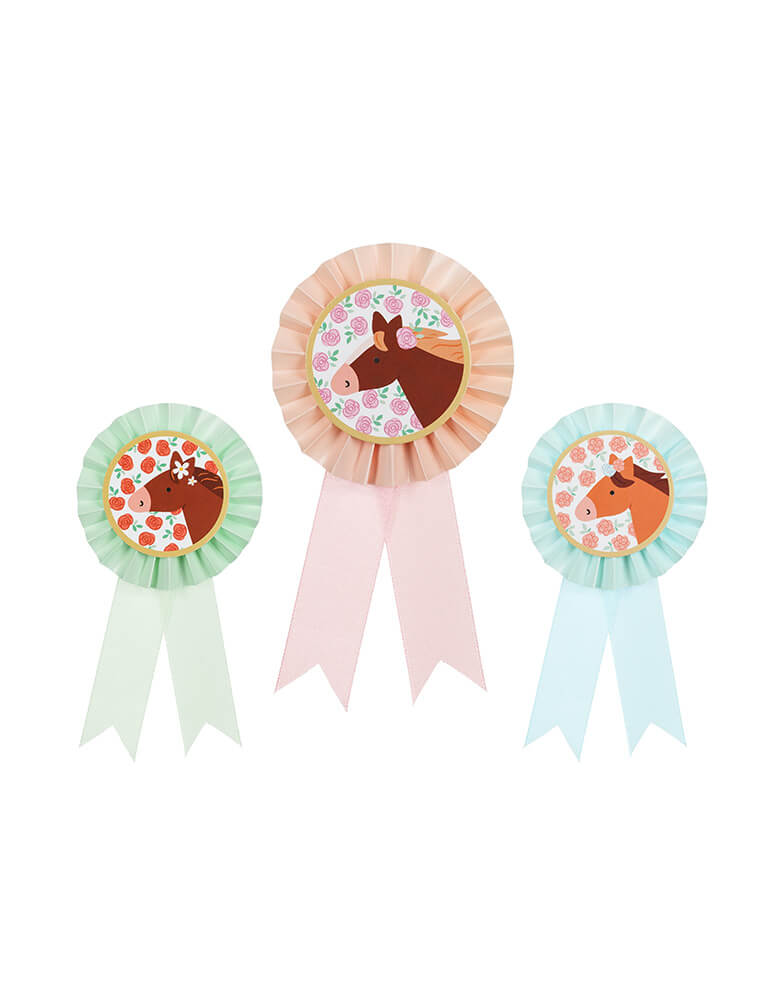 Momo Party's 3.35" x 6.5" Floral Pony Rosette Ribbons by Party Deco. These rosette ribbons are perfect for any horse or pony-loving girl's birthday party! Adorned with a beautiful floral design, they'll add an adorable touch to any celebration. Giddy up and add these ribbons to your party supplies today!