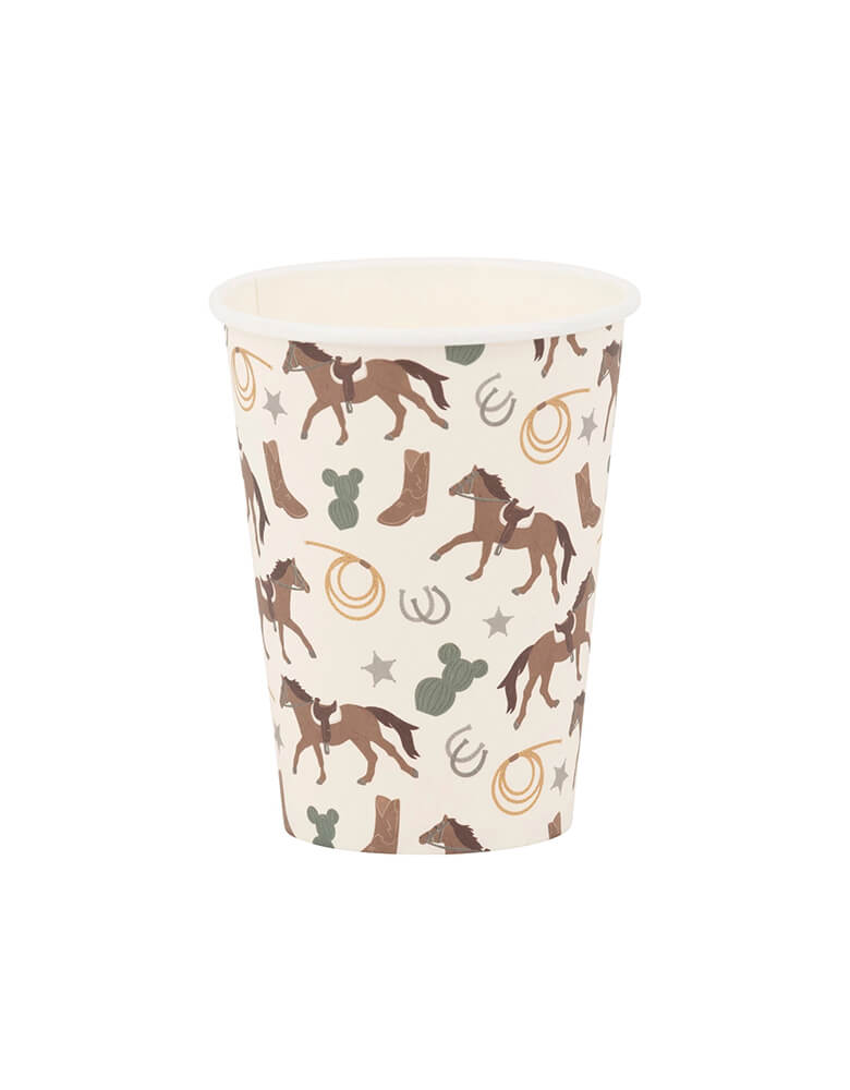 Momo Party's 12 oz Howdy Cowboy Paper Party Cups by My Mind's Eye. These cups feature playful cowboy icons that will add a touch of fun and personality to any celebration. Perfect for wrangling up drinks for your guests, these cups are a must-have for any party.