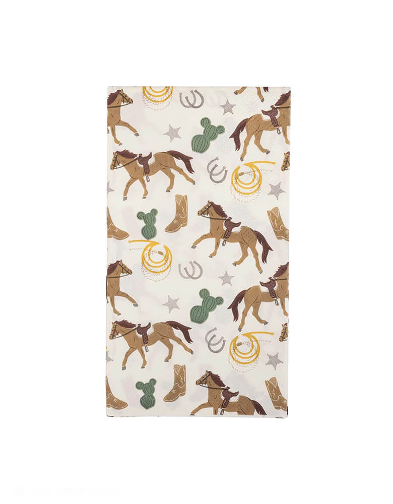 Momo Party's 4.25" x 7.75" Cowboy Howdy Scatter Paper Dinner Napkins by My Mind's Eye. These cowboy western icons will add a playful touch to any meal. No need to wrangle with messy cleanup, these paper napkins make it a breeze. Saddle up and get your party started!