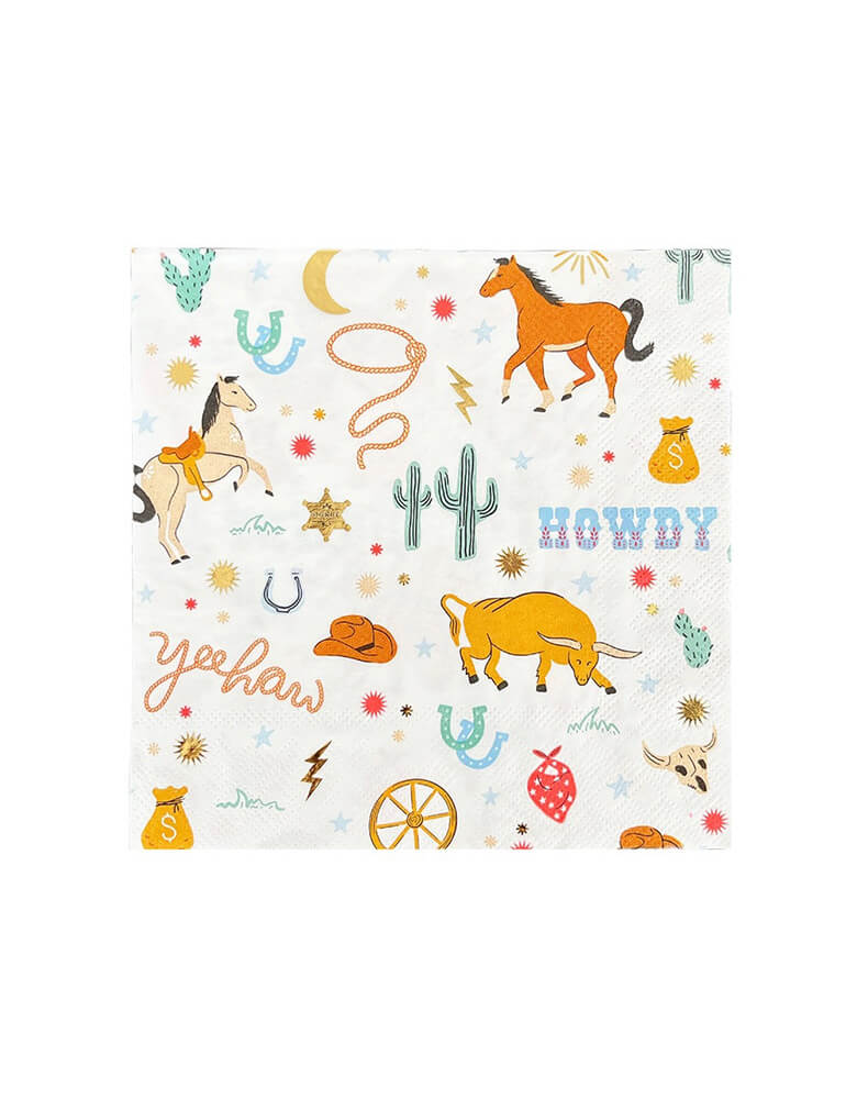 Momo Party's 6.5" x 6.5" Yeehaw cowboy large napkins by Daydream Society. Comes in a set of 16 napkins, these large napkins feature classic cowboy motifs in green, red, and brown. Y'all, these napkins are the perfect piece to bring together your western table!