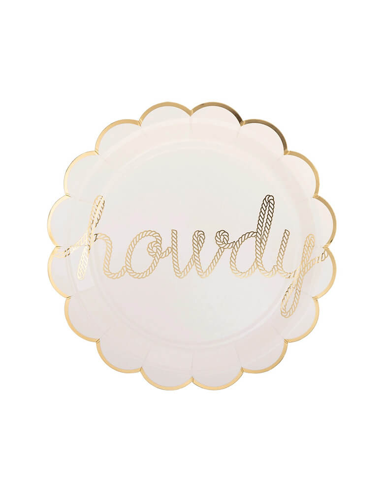 Momo Party's 9" scallop Howdy Paper Plates by My Mind's Eye. With a playful design and sturdy construction, these plates are sure to add a touch of fun to any gathering. Time to round up your friends and let the good times roll!