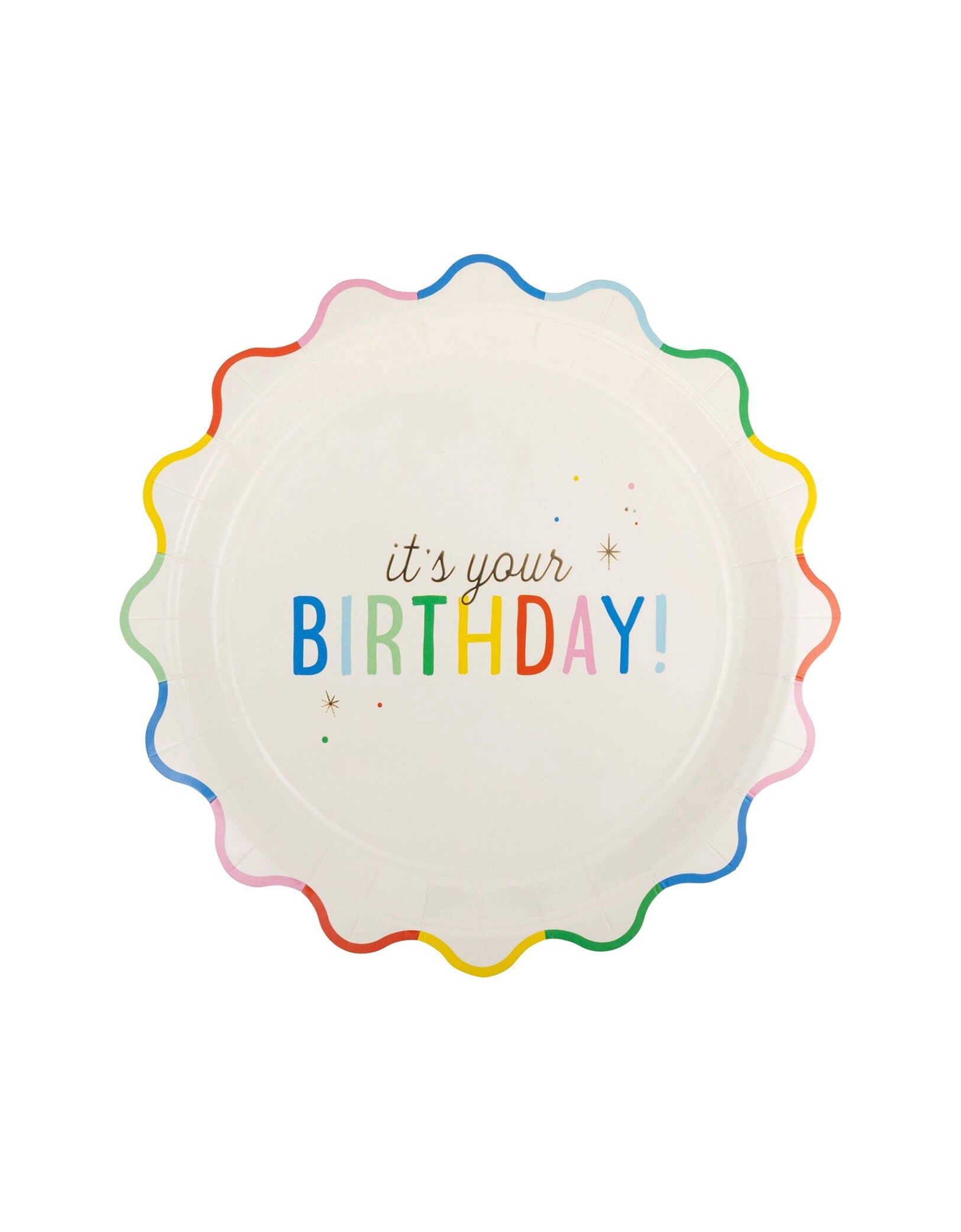 Momo Party's 9" It's Your Birthday Plates by My Mind's Eye. This party essential is perfect for adding a festive touch to your celebration. Made of durable paper with scallop edge in rainbow colors, it's both practical and fun for your next birthday celebration!