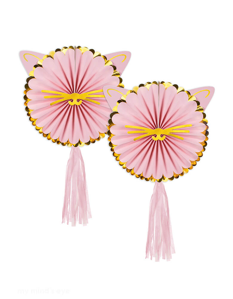 Momo Party's pink Kitty Paper Party Fans by Party Deco. Comes in a set of 2, these paper party fans have cute ears, gold whiskers and pink tassels, they make perfect decoration for kid's cat or pet themed birthday party.