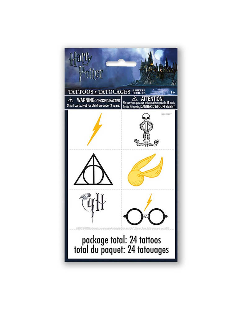 Momo Party's Harry Potter Temporary Tattoos. Set of 24 temporary tattoos.