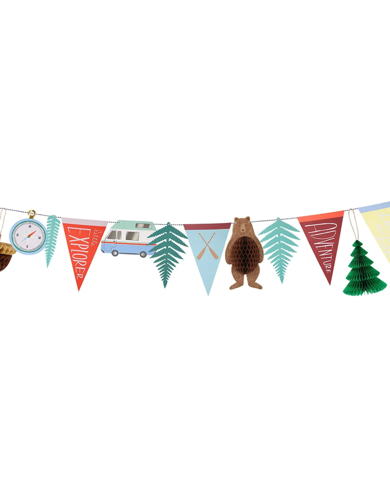 Momo Party's 10' Camping Adventure Party Garland by Meri Meri. This statement garland, with retro summer-camp pennants and honeycomb embellishments, is perfect to decorate backyard gatherings, or hang indoors on your kid's camping themed party table, wall or mantel for a cozy adventure vibe!