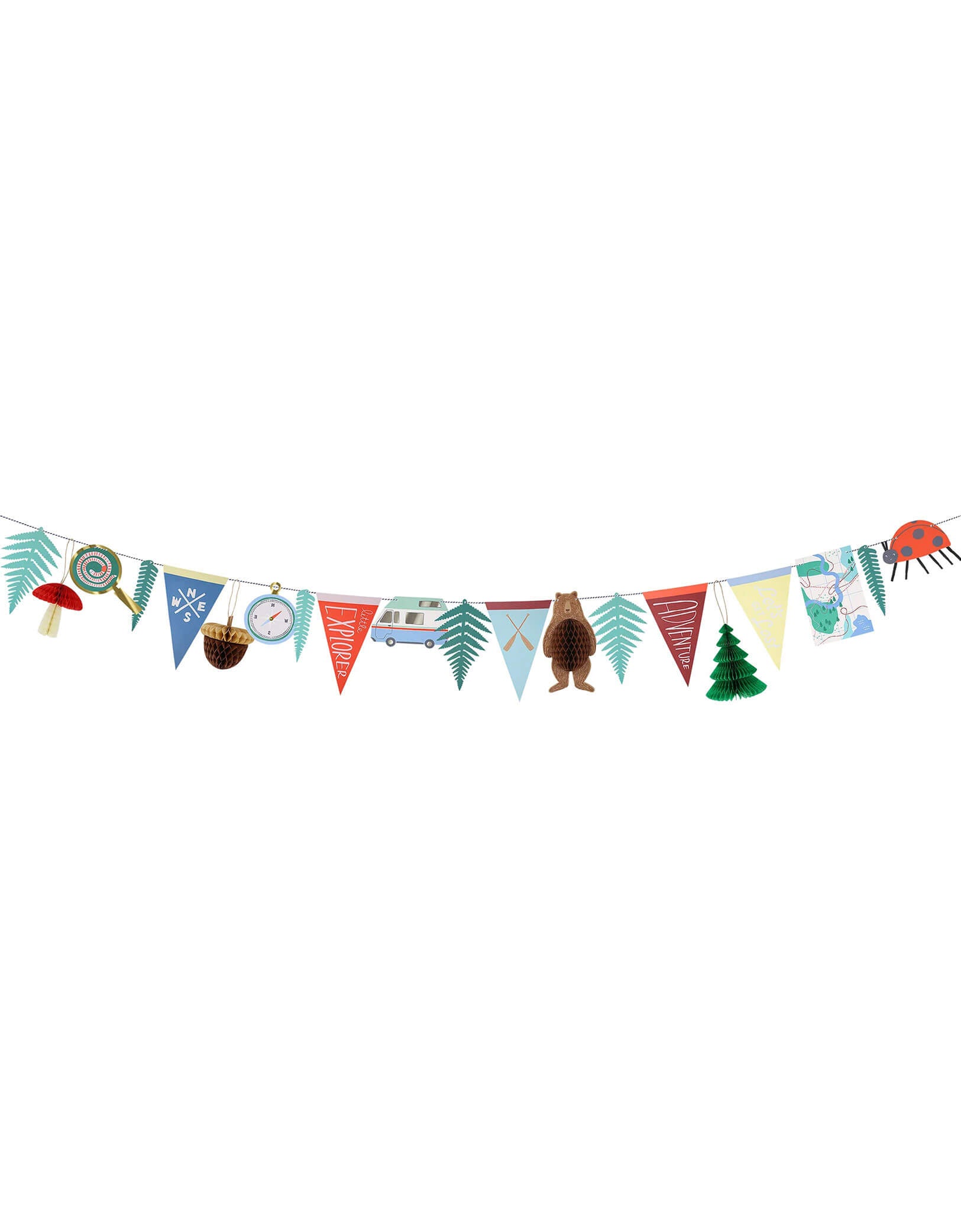 Momo Party's 10' Camping Adventure Party Garland by Meri Meri. This statement garland, with retro summer-camp pennants and honeycomb embellishments, is perfect to decorate backyard gatherings, or hang indoors on your kid's camping themed party table, wall or mantel for a cozy adventure vibe!