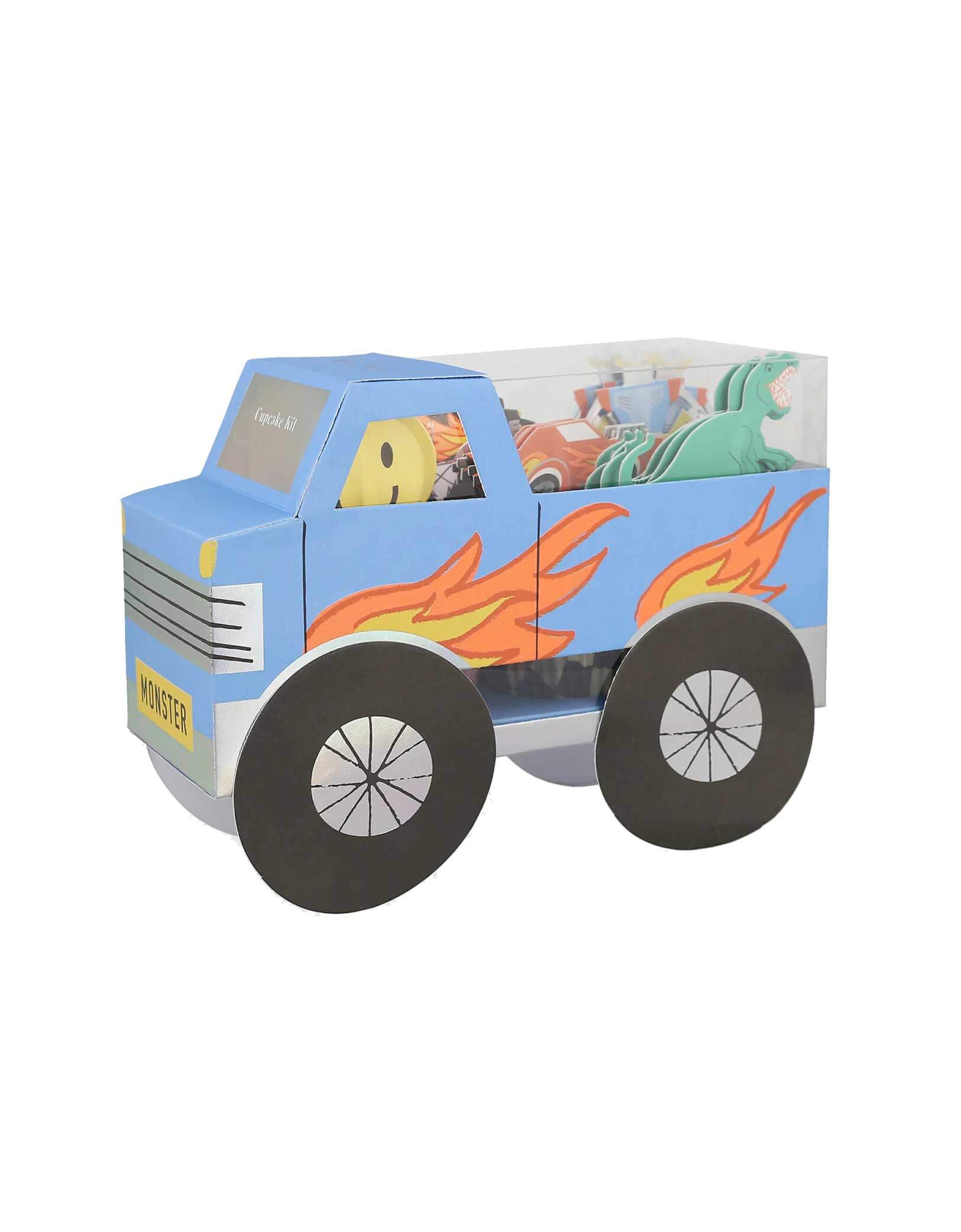 Momo Party's Monster Truck Cupcake Kit by Meri Meri. This paper truck is filled with iconic retro toy cupcake toppers, and checked cupcake cases, to make the most fun and tasty treats. Place the truck, and the cupcakes, on your party table as a centerpiece to delight the birthday boy or girl and their guests. The kit also makes a great gift for kids who love to bake.