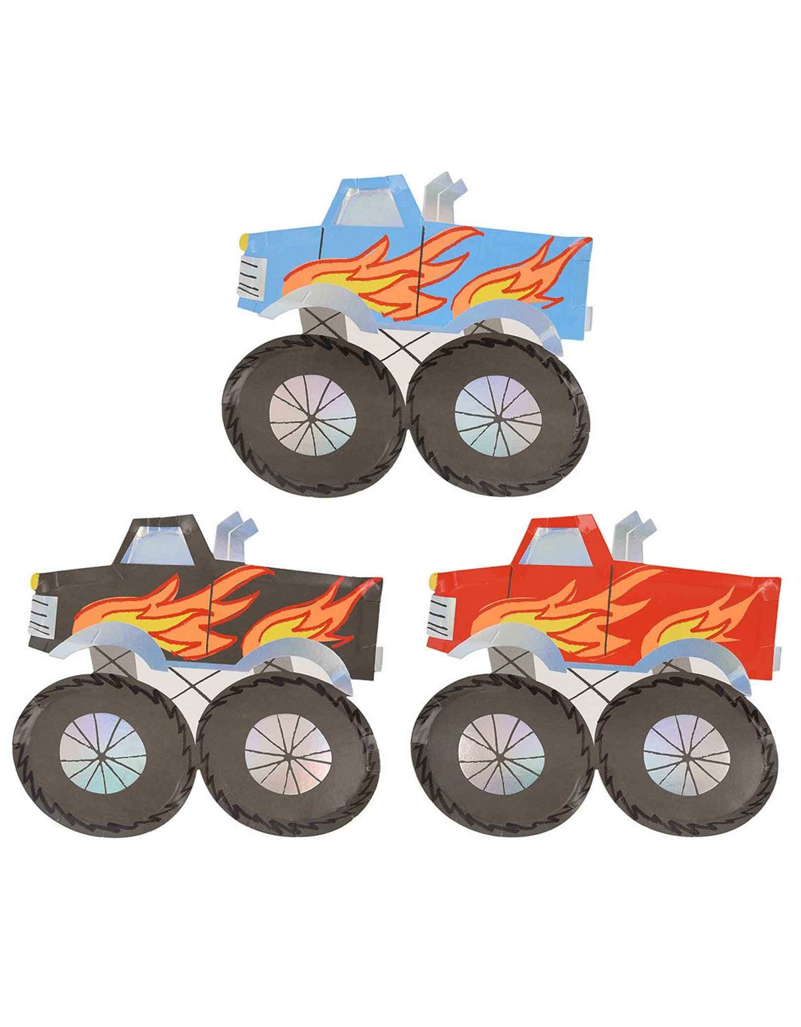 Momo Party's 9.5" x 8.5" x 0.25" monster truck shaped plates by Meri Meri. Comes in a set of 8 plates in 3 colors, add a pop of fun and color to your birthday spread with these awesome Monster Truck Plates. Perfect for a monster truck party, transportation-themed event, or simply adding a unique and nostalgic touch to any occasion.