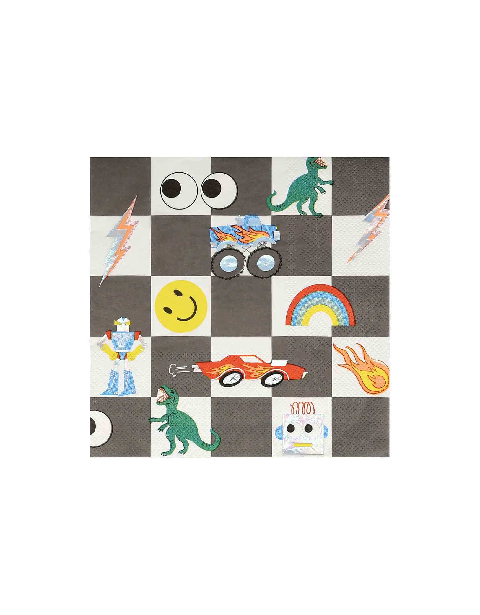 Momo Party's 6.5" Toybox Icon Large Napkins by Meri Meri. Fun and nostalgic, these classic toy box icons including a race car, a smiley face, a monster truck, a t-rex, lightning bolts, and robots will appeal to both kids and adults celebrating the wonder of play. The retro designs of these bold and bright paper napkins will instantly make your party table look cheerful, colorful and cool.