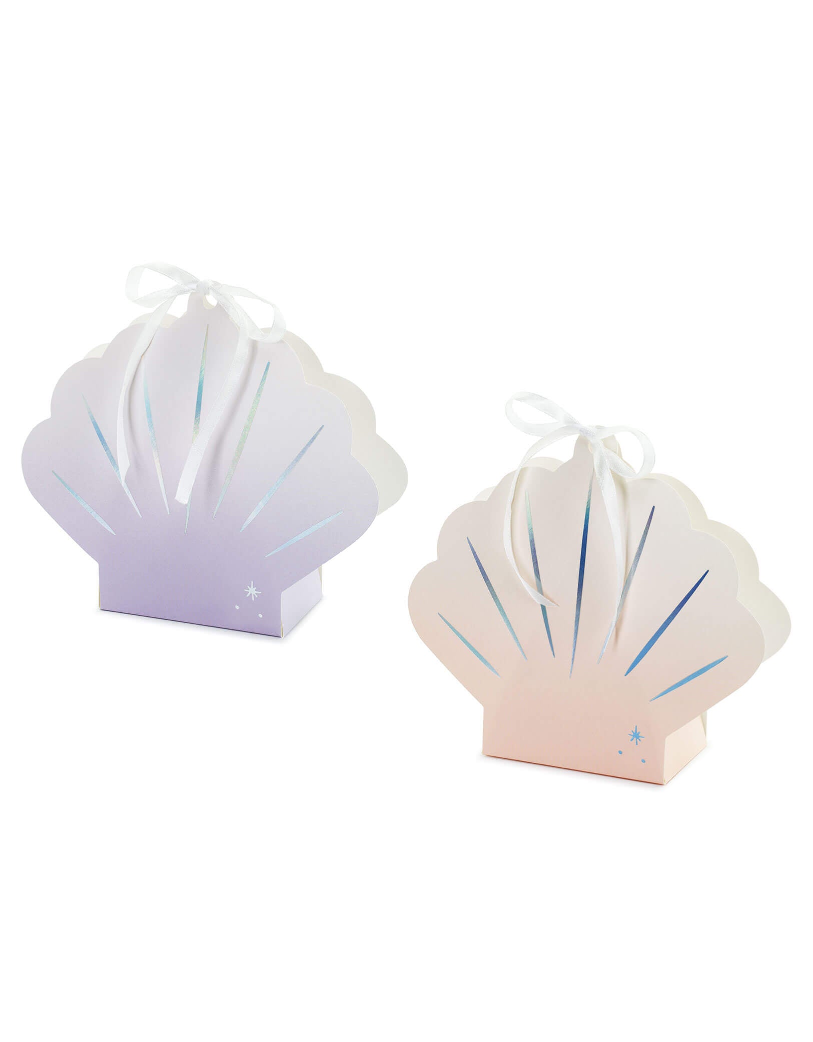 Momo Party's 6.3" x 6.9" x 2.2" Seashell Treat Boxes by Party Deco. Comes in a set of 4 boxes in 2 colors of ombre pink and ombre lilac, these shell shaped boxes are perfect for your child's under the sea or mermaid birthday parties. These dreamy iridescent pink and lilac boxes are perfect for snacks or goodie bags. Dive into the whimsical world of mermaids and the sea and make your guests feel like they're under the sea.