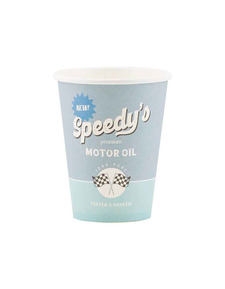 Momo Party's 12 oz Miles Per Hour - Speedy Paper Cups by My Mind's Eye. Comes in a set of 8 paper cups in light blue and mint with Speedy's motor oil logo on it and some checkered flags design, these adorable paper cups are perfect for your car-themed birthday celebration. No need to slow down for spills, these cups are durable and stylish.