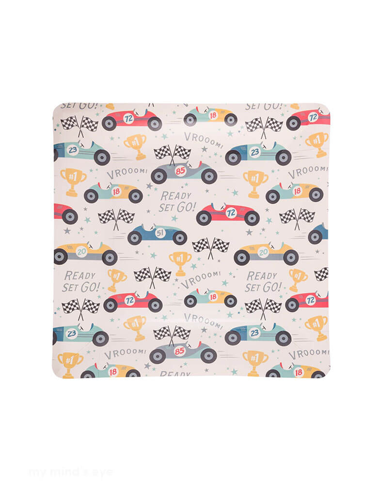 Momo Party's 9" x 9" race car patterned square paper plates by My Mind's Eye. This playful plate features a race car pattern that will add a fun and unique touch to your celebration. Perfect for any racing fans or anyone looking for a quirky twist on a traditional birthday party. These plates are perfect for a "Two Fast" second birthday party, a "Need Four Speed" fourth birthday party or a "Number One" "Fast One" first birthday celebration.