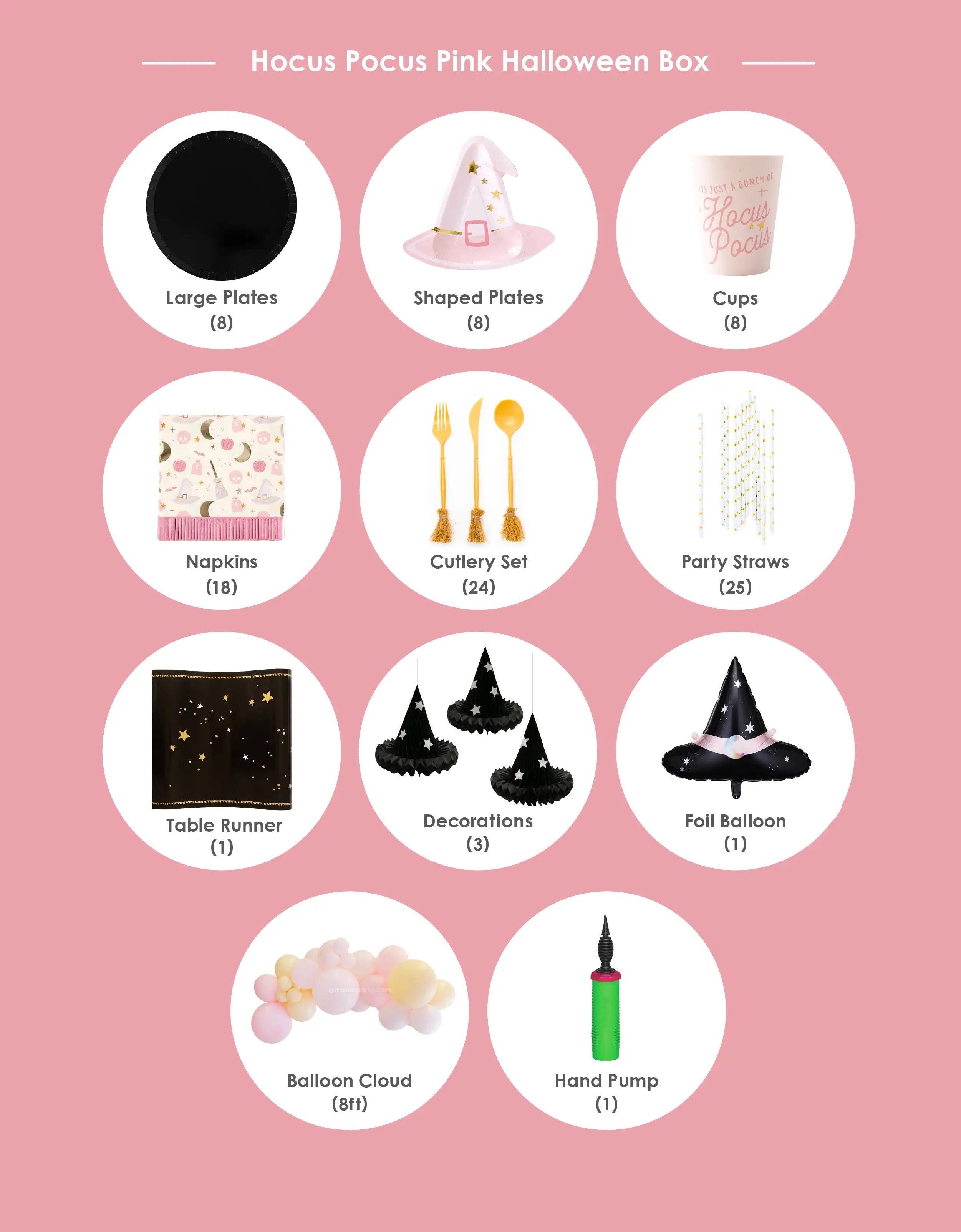 Momo-Party Executive 2024-Halloween Party - Hocus-Pocus-Pink-Halloween-Box LIst, Featuring all the essentials for a witch-tastic celebration with Onyx Black Dinner Plates, Pink Witch Hat Shaped Plates, Hocus Pocus Pink Fringe Small Napkins, Hocus Pocus Pink Party Cups, Halloween Witch's Broom Cutlery Set, Gold Star Party Straws, Mystical Stars Table Runner, Hanging Honeycomb Witch Hat Decorations, Pink Witch Hat Foil Balloon, 8-foot Hocus Pocus Pink Halloween Balloon Cloud Kit.