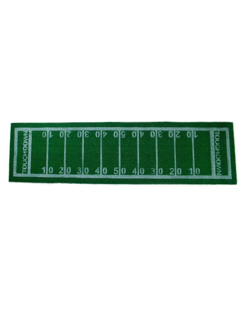 Momo Party's 5ft x 16 inches Football Turf Table Runner by Talking Tables. Decorate your table for game day with this amazing&nbsp;Football Turf Table Runner. This grass runner features yard line markings and touchdown zones just like a football field. Layer this table runner on top of your party table cover to complete your tablescape. Perfect as a football party decoration for the Super Bowl party, game day or a kid's football-themed birthday party.