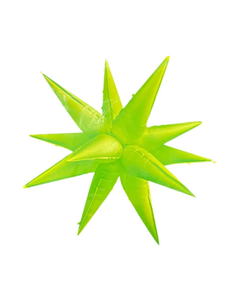 Momo Party's 26" neon green starburst shaped foil balloon. This jumbo neon green starburst foil balloon is simply a show-stopper for any celebration! Its unique shape is sure to add a glam look to your celebration. This starburst foil balloon can be inflated with air only using a balloon air inflator or hand pump. Add a string to hang the balloon from the ceiling above a party table or dance floor. It's perfect for kid's video game, toy story or laser tag parties!