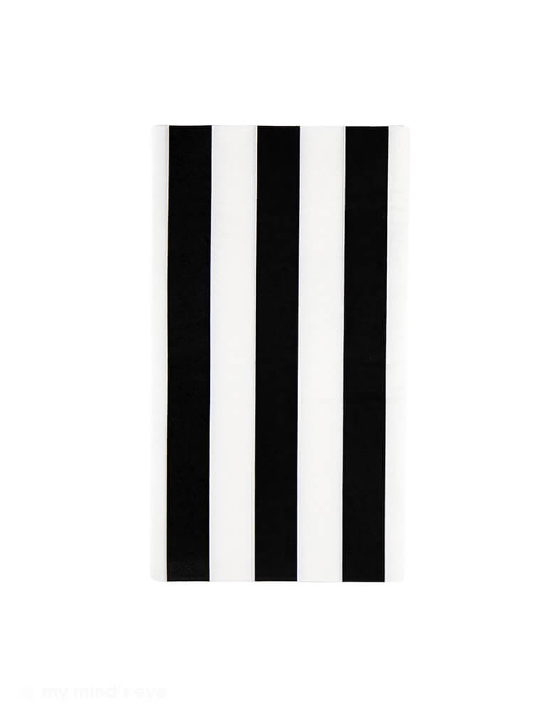 Momo Party's 4.25" x 7.75" Black Noir Cabana Stripe Guest Towels by Bonjour Fete. This set of 20 paper napkins allows for easy mix and match options, making it perfect for any occasion. Think race car parties, Halloween bashes, New Year's Eve celebrations, graduations and more!