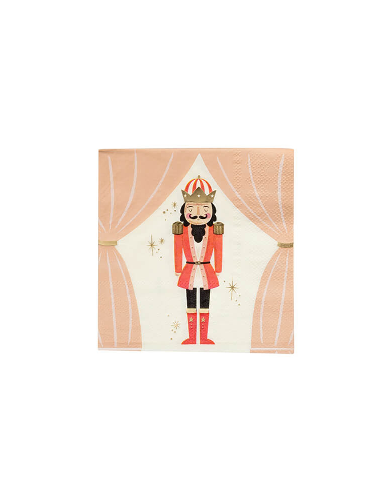 Momo Party's 5" Nutcracker Napkin Set by My Mind's Eye. Comes in a set of 16 napkins in 4 different designs & colors in blush, mint, red and green, these napkins that feature delightfully dressed nutcracker characters are perfect for adding a playful touch to your festive table.