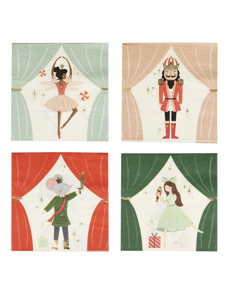 Momo Party's 5" Nutcracker Napkin Set by My Mind's Eye. Comes in a set of 16 napkins in 4 different designs & colors in blush, mint, red and green, these napkins that feature delightfully dressed nutcracker characters are perfect for adding a playful touch to your festive table.