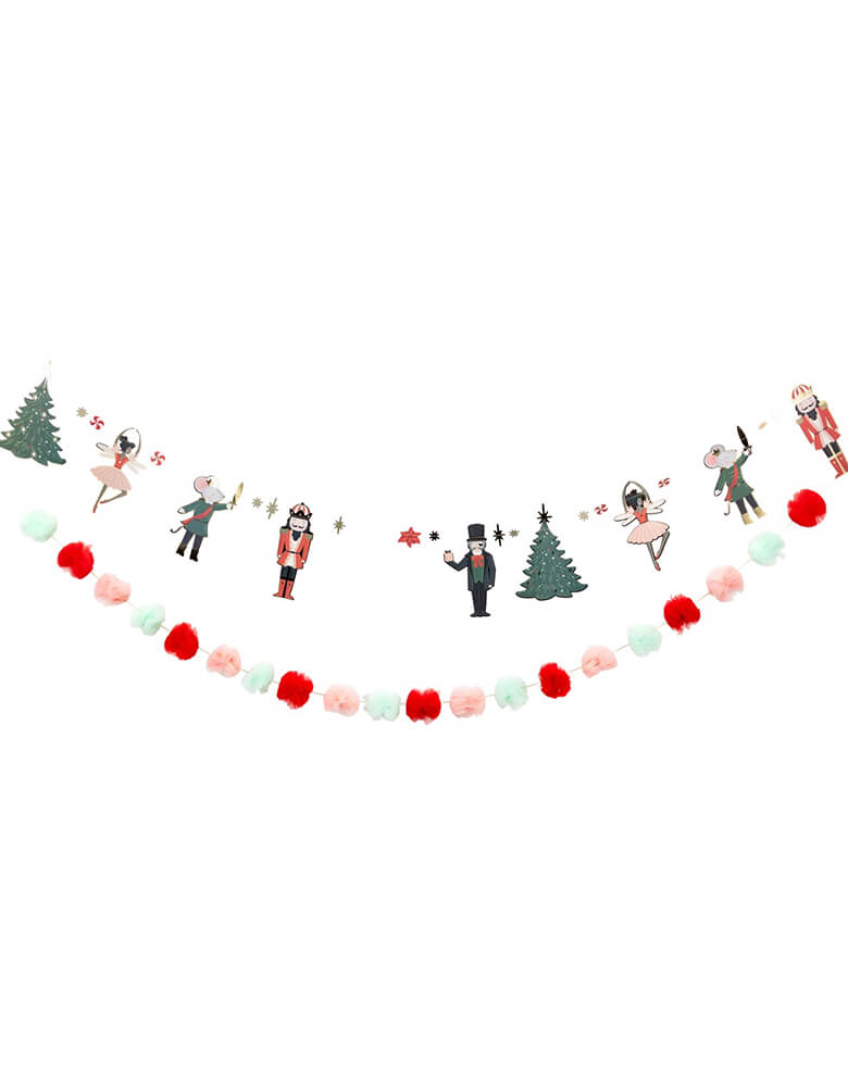 Momo Party's 6' Nutcracker Banner Set by Momo Party. Featuring charming nutcracker icons, this banner set is sure to bring joy and merriment to any room. Hang it on your mantel, above your doorway, or anywhere else you want to add a festive touch. This set includes two banners, approximately 6' long each. Each Includes paper icon banner and tulle pom pom banner
Nutcracker pieces are approximately 9" tall. Pom poms are 2"