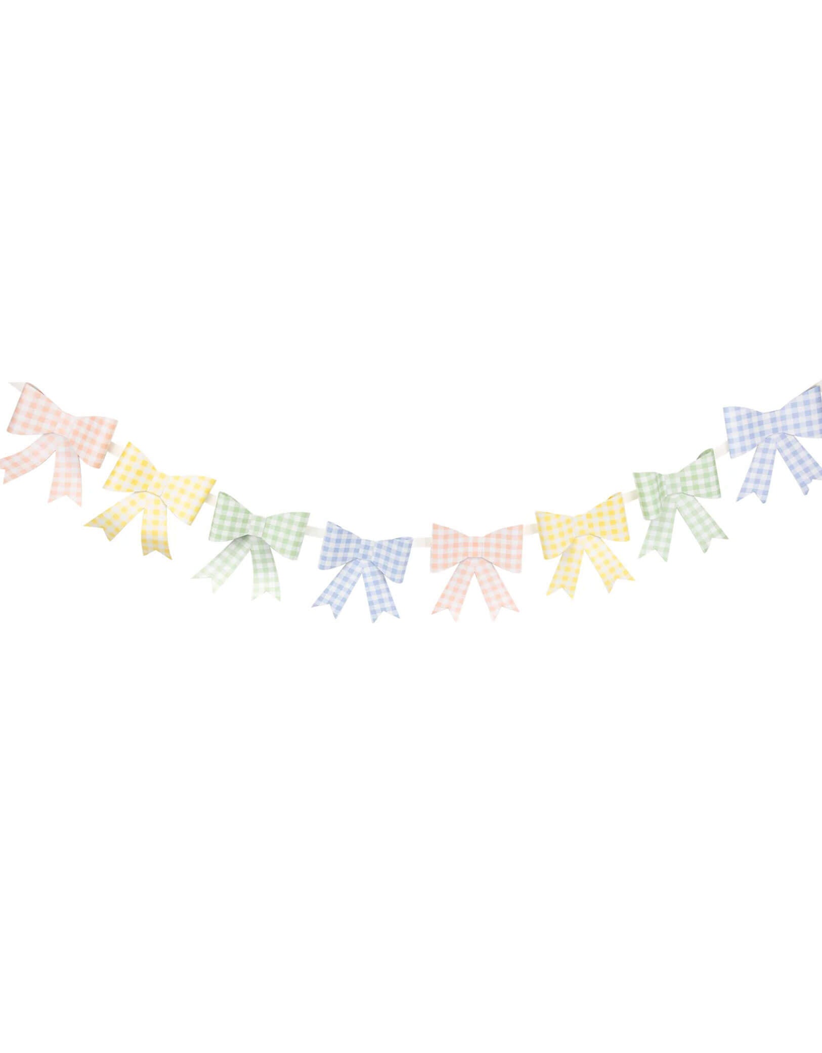 Momo Party's 7' Gingham Bow Banner by My Mind's Eye. Made from paper, this playful pastel gingham banner will brighten up any space. Perfect for adding a pop of color and charm, it's the ultimate addition to your spring and Easter decor.