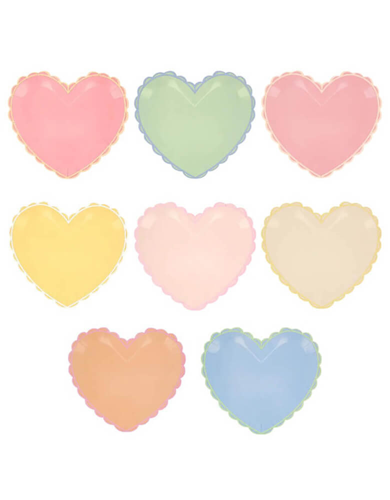 Momo Party's 10" x 9" Pastel Heart Large Plates by Meri Meri. Comes in a set of 8 plates in 8 colors: pale pink, pink, dark pink, ivory, yellow, peach, mint and blue, the ice cream pastel palette of these stylish heart shaped napkins will make your party table look so stylish. They're perfect for Valentine's, Galentine's, an engagement party or a special meal with loved ones.