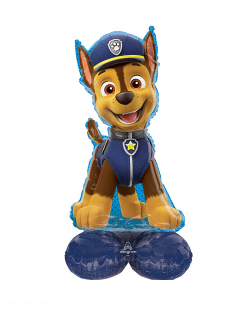 Momo Party's 36" Paw Patrol Sitting Chase Airloonz Foil Balloon by Anagram Balloons. Crafted from durable foil, this balloon stands tall and features Chase in his full police gear, all set for some exciting adventures. With its ability to sit without needing any helium, this pup-shaped balloon is just what you need for a fun-filled centerpiece at your celebration.