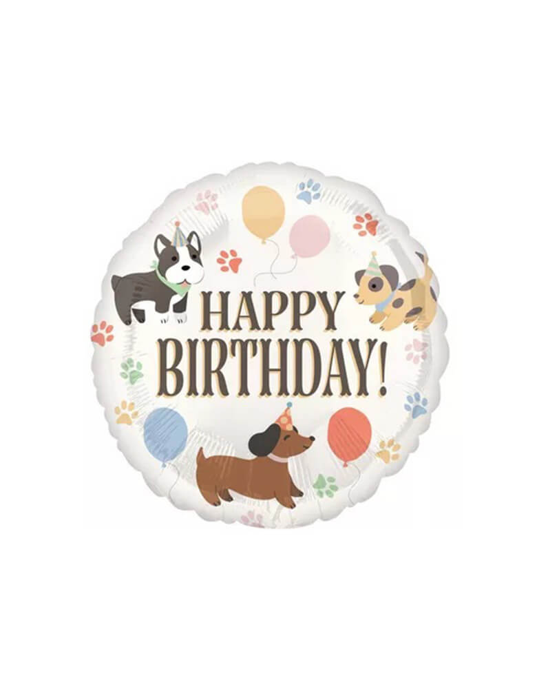 Momo Party's 18" Pawsome Happy Birthday Foil Balloon by Anagram Balloons. This fetching decoration features a "Happy Birthday" message, paw prints and balloons in pastel colors, and adorable pups, making it a perfect addition to any pet or pet lover's birthday party.