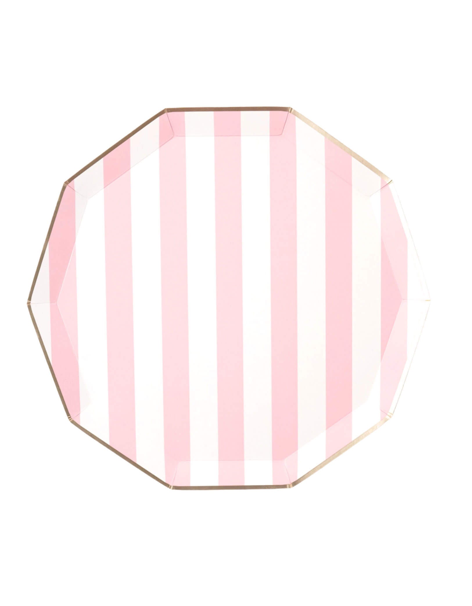 Momo Party's 10.75" Pastel Pink Cabana Stripe Dinner Plates by Bonjour Fete. Comes in a set of 8 paper plates, these elegant pastel pink dinner plates feature a charming pastel stripe pattern for a soft touch. Perfect for adding a pop of color to your next gathering.