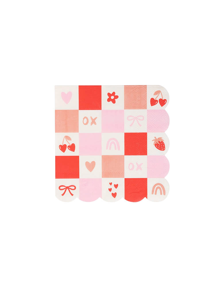 Momo Party's Valentine Check Scallop Small Napkins by My Mind'e Eye. Sweeten your Valentine's Day party with these playful scallop small napkins featuring a charming checked design. Perfect for adding a touch of whimsy to any celebration!