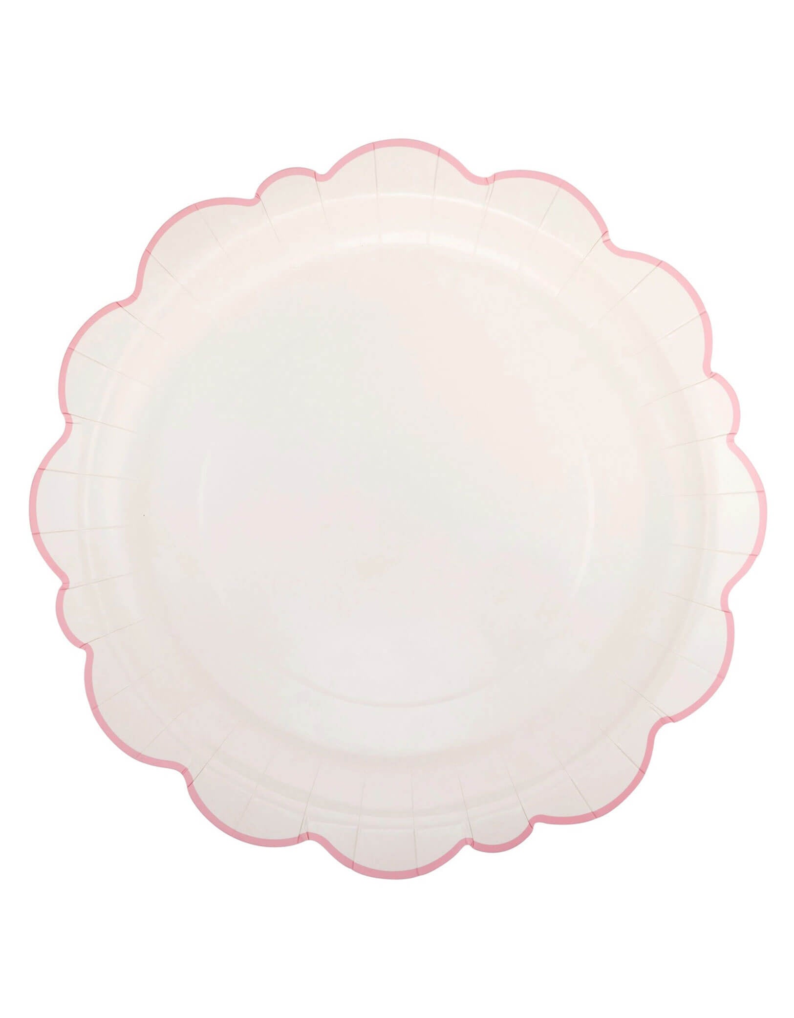 Momo Party's 12" Pembroke Pink Edge Scallop Plates by My Mind's Eye. Featuring a delicate design, this plate is perfect for Valentine's Day or any special occasion. A charming addition to any collection, it's sure to make a statement with its playful pink edges. These plates are great for your Easter celebration or spring themed party, a tea party birthday bash or a Mother's Day celebration. 