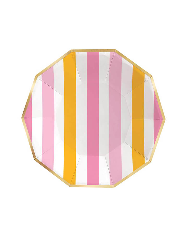 Momo Party's 9" Cabana Decagon Paper Plates by Slant Collection. Add a colorful touch to your next gathering with these gold foil striped decagon shaped paper plates. They're perfect for your appetizers, snacks and desserts at your summer party.