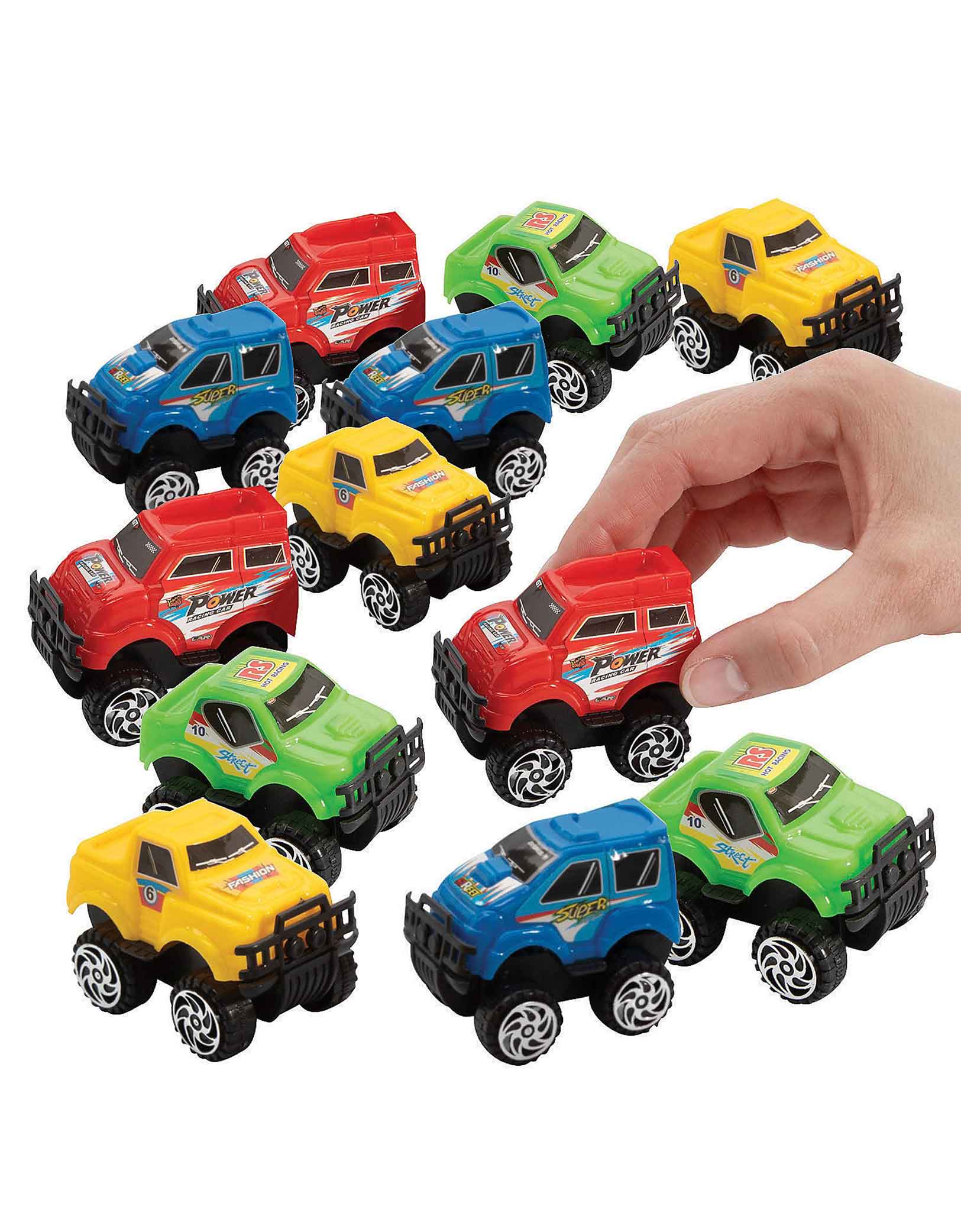 Momo Party's 2" Mini Pull-Back Toy Monster Trucks by Fun Express. Comes in a set of 6, these pullback trucks are perfect for adding to birthday party favor bags. And as a bonus, they can provide endless entertainment - organize races for the youngsters while you get some party cleanup done. They're perfect for your little one's monster trucks birthday party. Just give them a pull and watch them go!