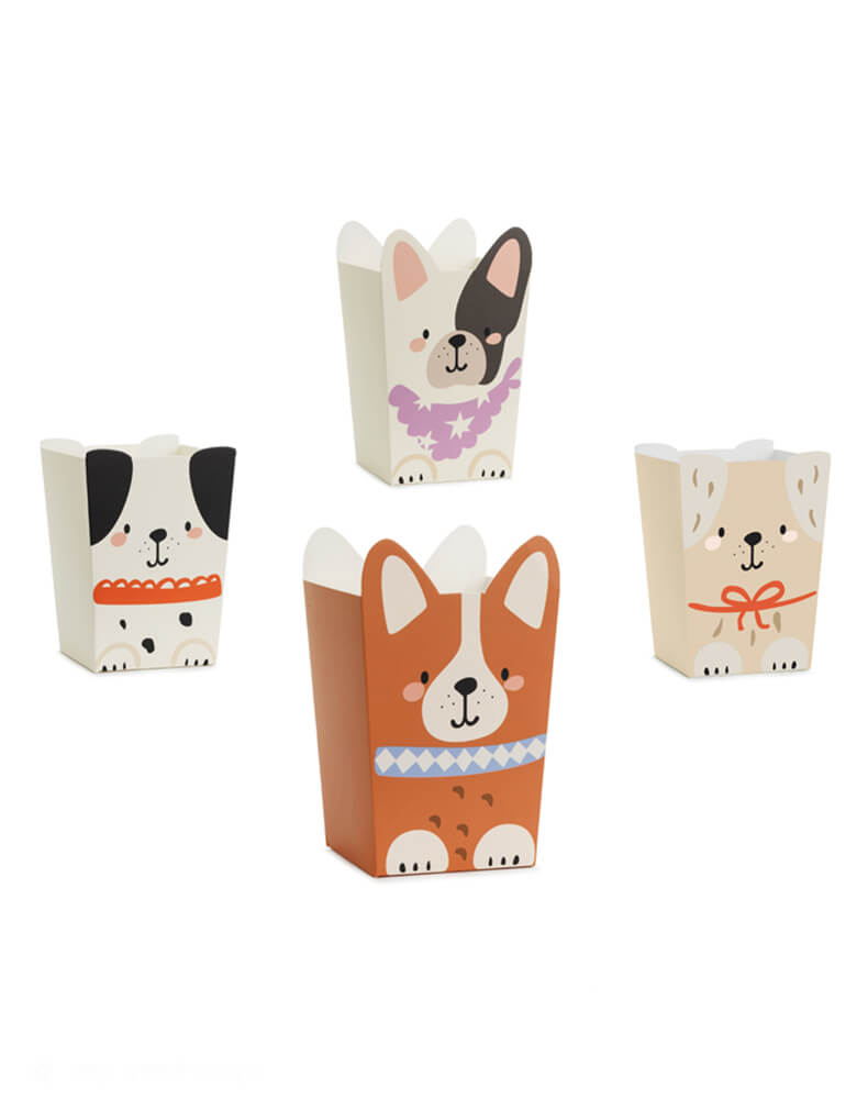 Momo Party's dog Puppy Snack Boxes by Party Deco. These adorable boxes come in a set of 6, perfect for birthday parties or snacks with friends. Fill them with your favorite goodies, like popcorn and treats, and watch as your party table becomes the cutest in town!