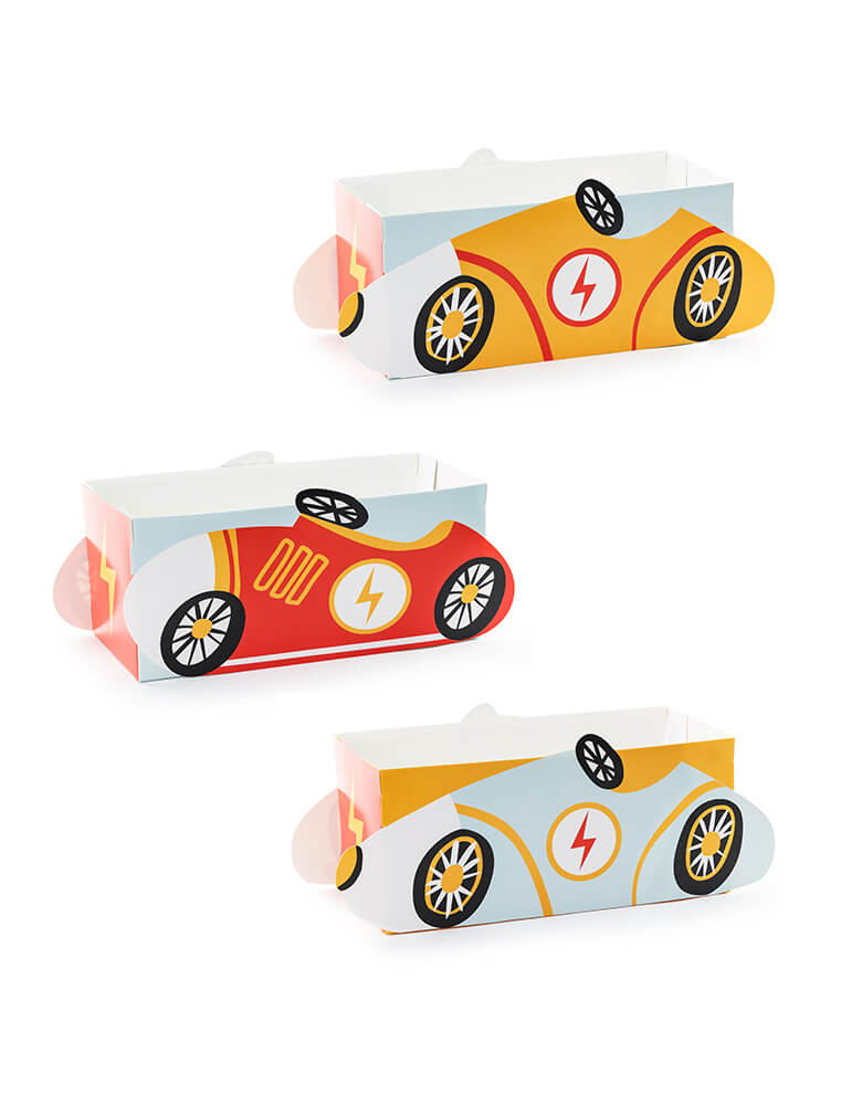 Momo Party's 3 x 3 x 6.7 inches race car snack treat boxes by Party Deco. These race car shaped snack boxes are perfect for kid's car themed party! Great for party treats like candies, popcorns and more.