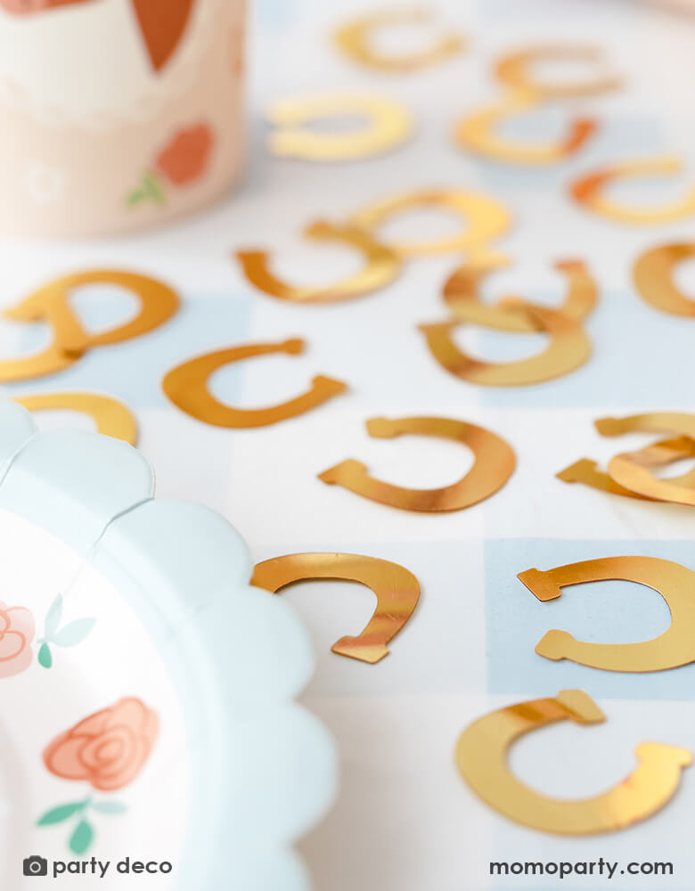 Momo Party's gold horseshoe confetti next to some party supplies on a party table. Perfect for a western, rodeo or cowboy/cowgirl themed celebration!