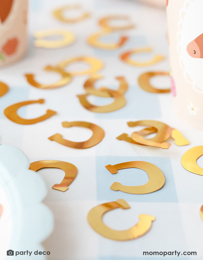 Momo Party's gold horseshoe confetti next to some party supplies on a party table. Perfect for a western, rodeo or cowboy/cowgirl themed celebration!