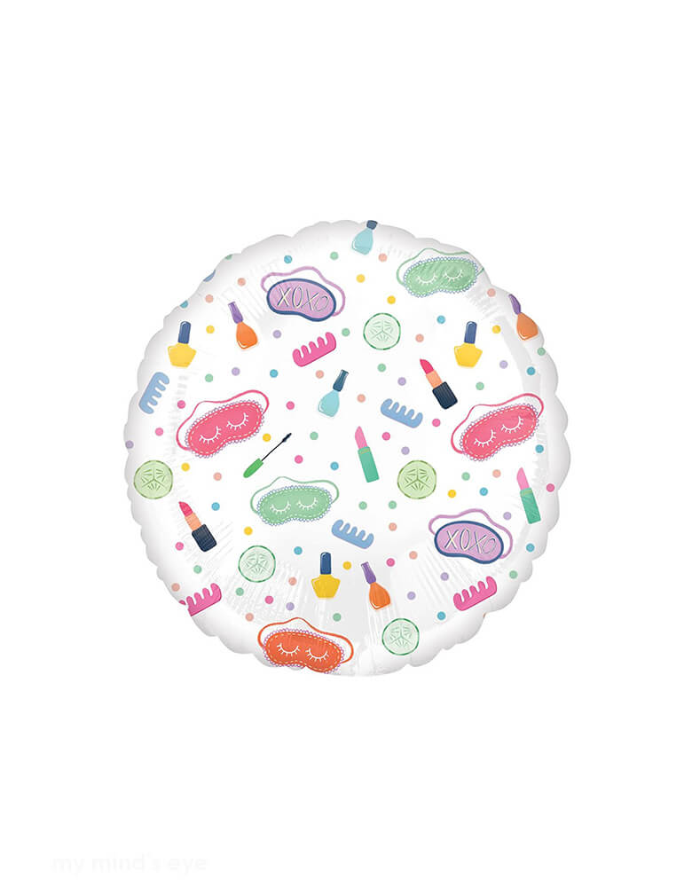 Momo Party's 18" Spa Party Round Foil Mylar Balloon by Anagram Balloons. With spa themed illustrations including eye masks, lip sticks, combs, nail polishes, this balloon is perfect for girl's sleepover or slumber parties!