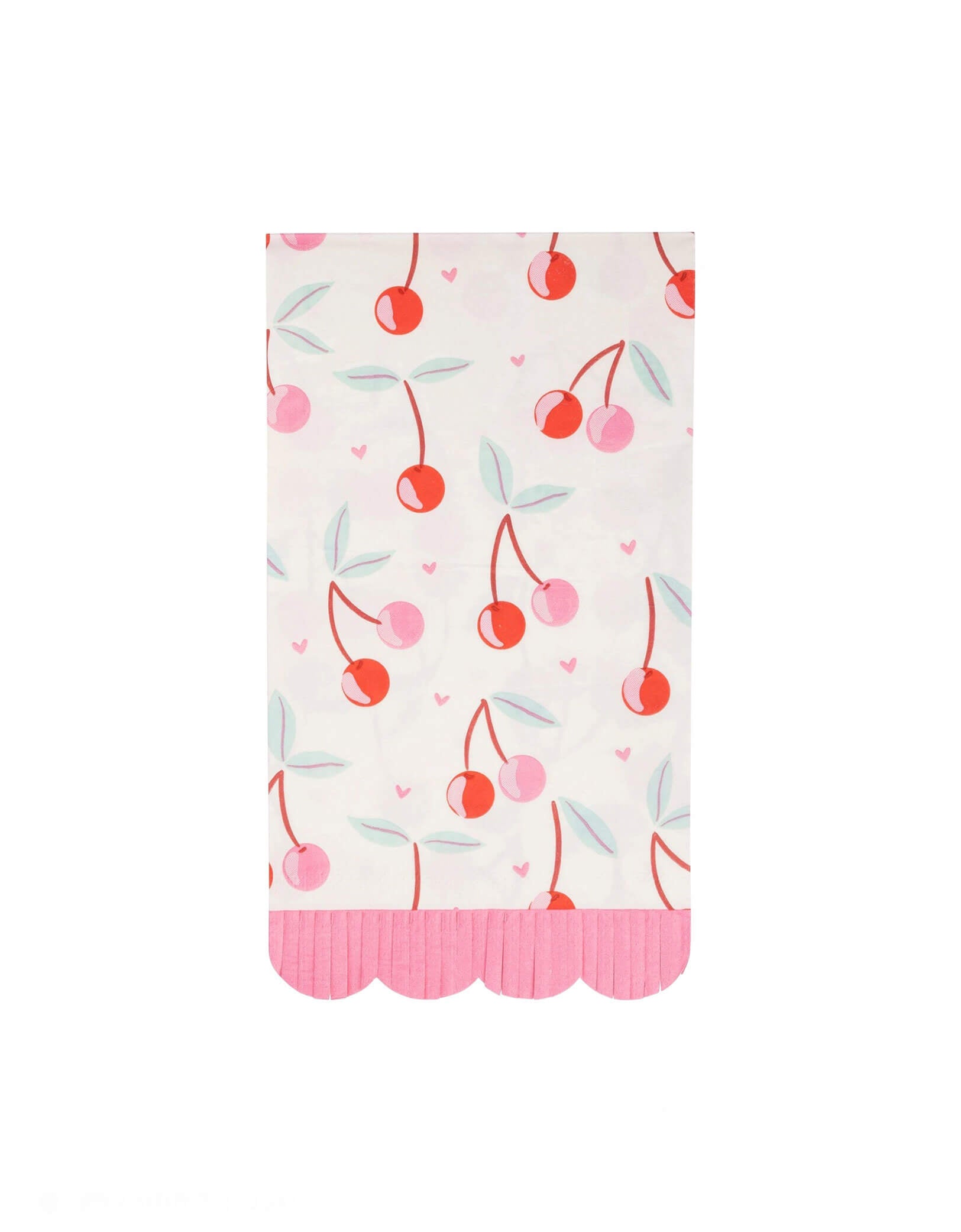 Momo Party's 4.25" x 7.75" Cherries Fringe Scallop Guest Napkins by My Mind's Eye. Comes in a set of 24 napkins, these cherry-themed napkins will bring a pop of color and fun to your party, making your guests feel extra special. Perfect for any love-filled occasion!