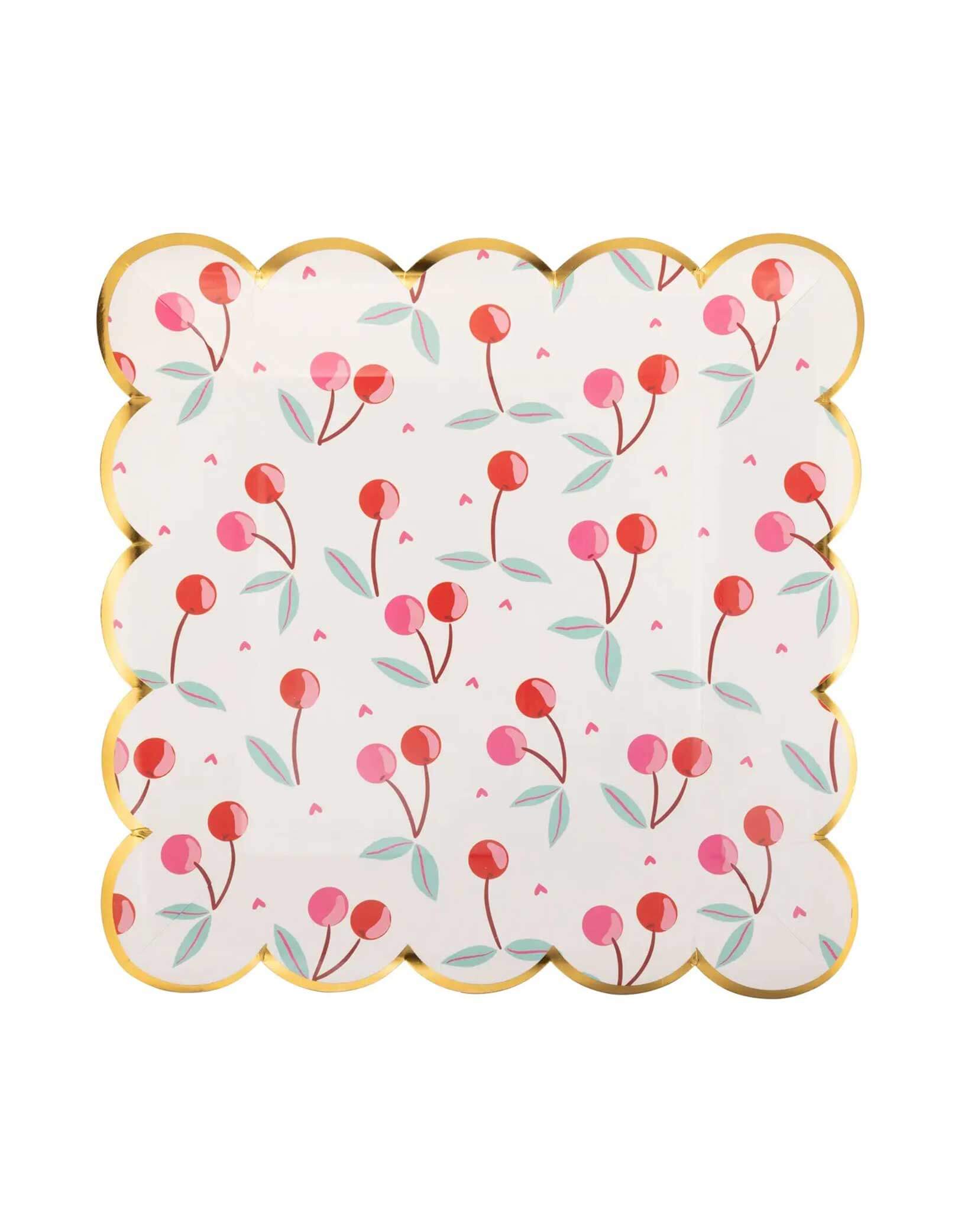 Momo Party's 9" Cherries Plates by My Mind's Eye. Comes in a set of 8 plates, this whimsical addition to your table features a playful design of cherries, adding a pop of color and fun to your meal. Perfect for any cherry lover, it's a plate worth cherishing!