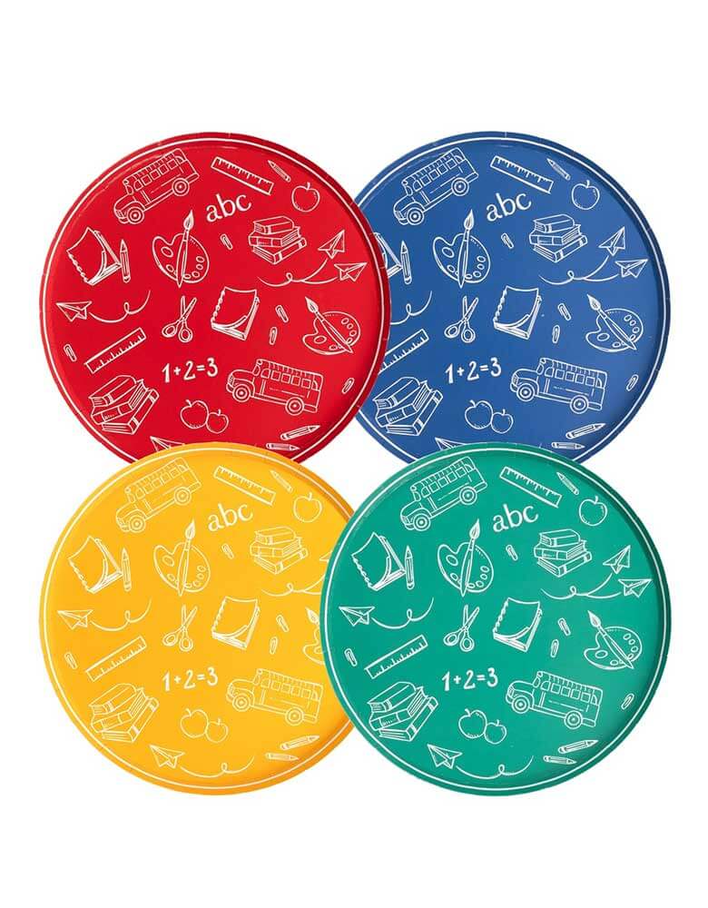 Momo Party's 8.5" x 8.5" School Days Assorted Icon Dessert Plates by Gatherings. Add a pop of color and fun to any school party or back to school gathering with these School Days Icon Dessert Plates. Featuring primary colors and iconic designs in white, these plates are perfect for kids and come in a set of four different colors. Make every celebration a memorable one with these charming dessert plates!