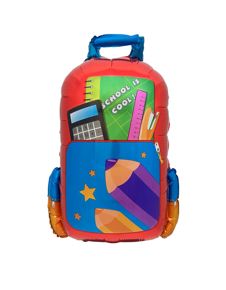 27 inches School is Cool Backpack Foil Balloo by Party Brands. Add this cute backpack shaped foil balloon with notebook with School is cool! text, calculator, pencils design to your back to school celebration!